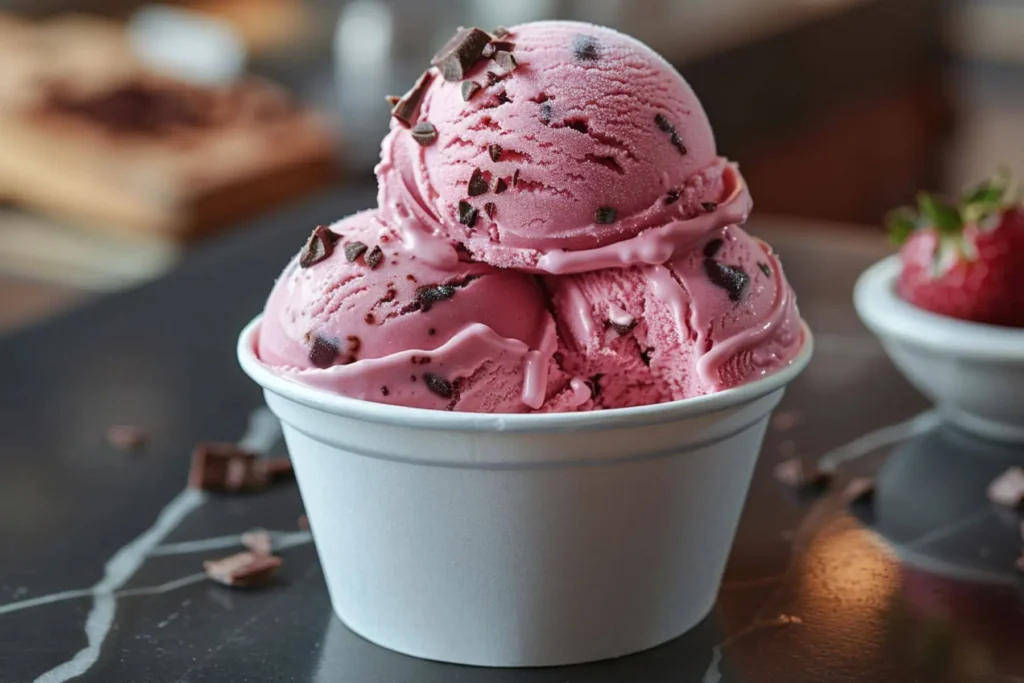 Close-up of Ninja Creami strawberry ice cream with chocolate chunks served in a white cup on a dark marble table