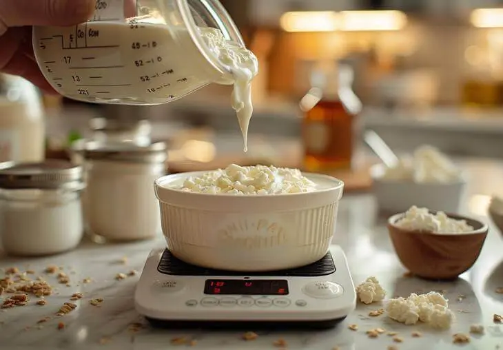 Digital scale with a Creami pint container being filled with cream and condensed milk for Ninja Creami ice cream recipes.