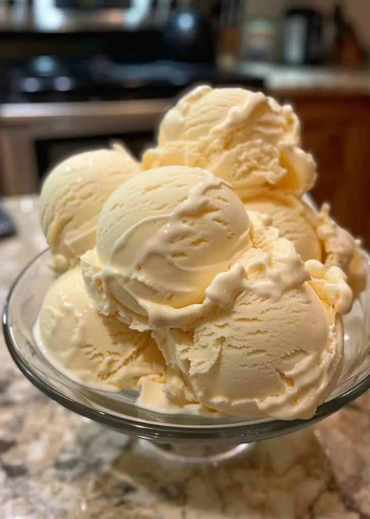 Best Ninja Creami Ice Cream Recipes (Healthy & Easy at Home) 3 Creamy homemade vanilla ice cream made using the Ninja Creami, scooped into a glass bowl with a smooth, rich texture.