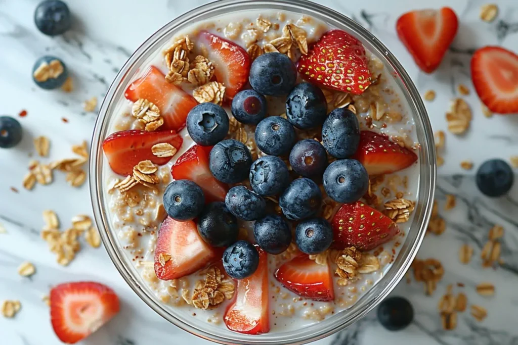 Protein Overnight Oats 5-Min Prep, 28g Protein, Healthy & Simple 8 Casual kitchen shot of overnight oats in glass bowl with berries.
