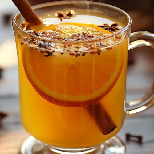White mug of spiced apple cider with cinnamon stick on marble counter.