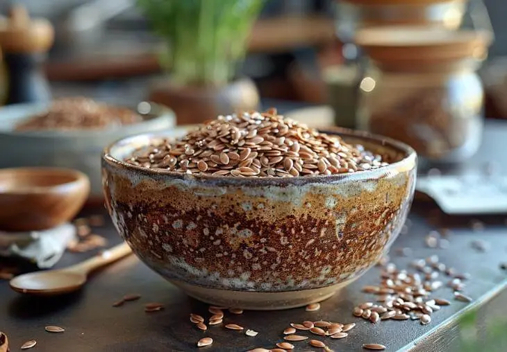 Bowl of whole flaxseeds for preparing a flax egg mixture as an egg substitute in vegan Thanksgiving recipes.