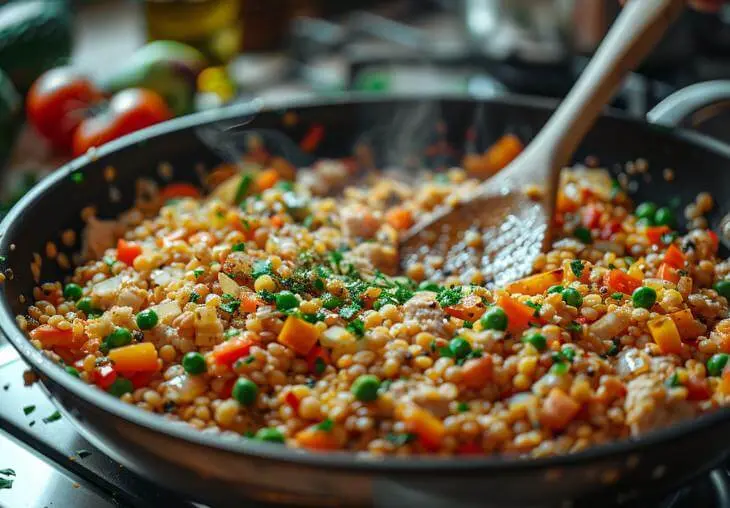 Skillet with lentils, peas, carrots, and vegetables being mixed to create the roast base for vegan Thanksgiving recipes.