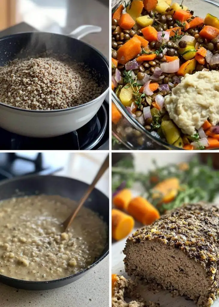 Vegan Thanksgiving recipe collage showing cooked grains, lentil and vegetable mixture, creamy gravy, and sliced vegan loaf with carrots in the background.
