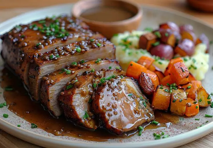 Sliced vegan lentil roast served with gravy, mashed potatoes, and roasted vegetables on a plate for Thanksgiving.