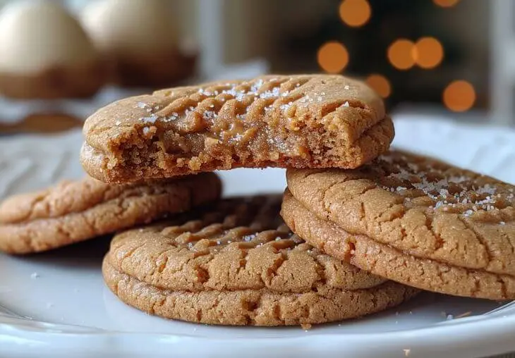 How to Make 4 Ingredient PB Cookies at Home 10 Stack of 4 ingredient pb cookies on a white plate, one cookie with a bite showing chewy peanut butter texture, sprinkled with sugar and ready to serve.