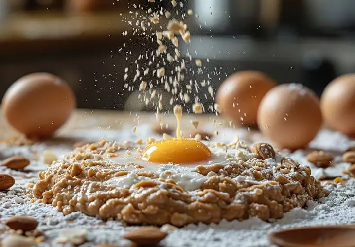 How to Make 4 Ingredient PB Cookies at Home 7 Egg yolk added to peanut butter cookie dough and sprinkled with sugar and chopped nuts, showing Step 3 of making 4 ingredient pb cookies with egg and vanilla.