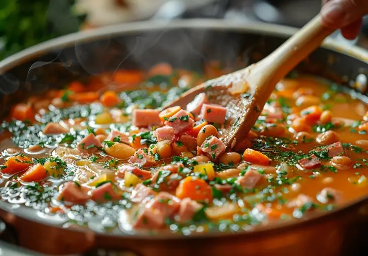 Wooden spoon stirring ham, beans, carrots, and herbs in a simmering pot of soup.