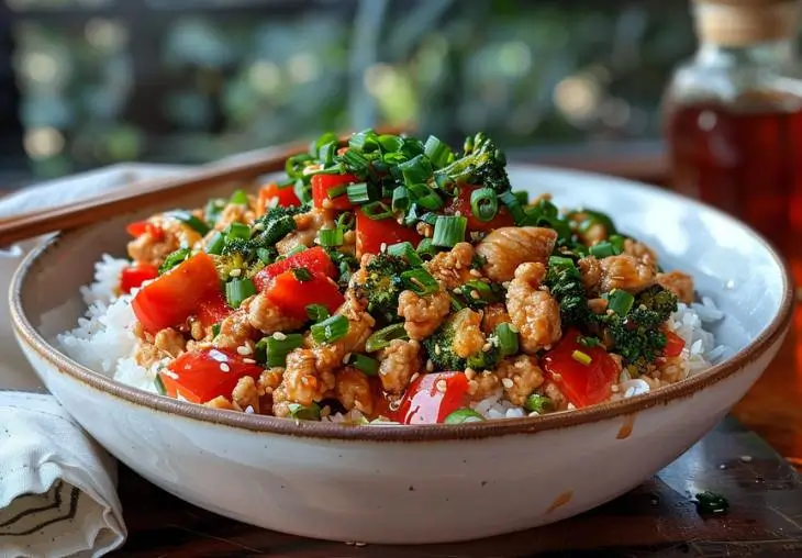 Asian ground chicken recipes stir fry with broccoli, red bell peppers, scallions, and sesame over rice in a homemade bowl.