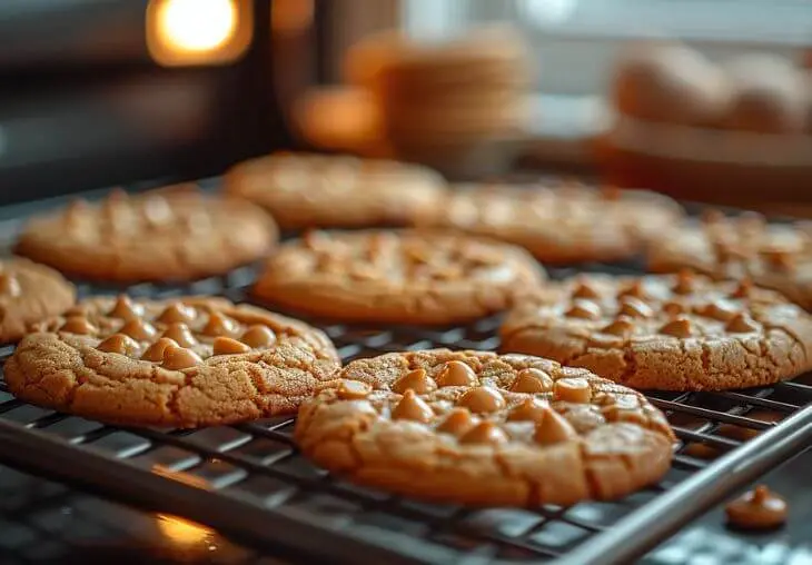 How to Make 4 Ingredient PB Cookies at Home 9 Freshly baked 4 ingredient pb cookies cooling on a wire rack with golden edges and soft centers, showing the final baking step for perfect peanut butter cookies.