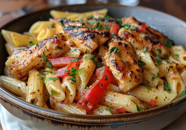 Blackened chicken pasta with penne, grilled chicken strips, red peppers, and creamy Cajun sauce served in a rustic bowl.