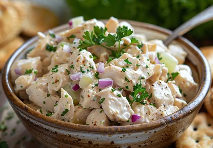Bowl of creamy canned chicken salad with celery, onion, and parsley, served with crackers.