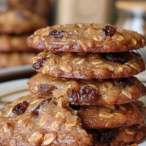 Instant Oatmeal Cookies stacked on a plate with golden edges and raisins