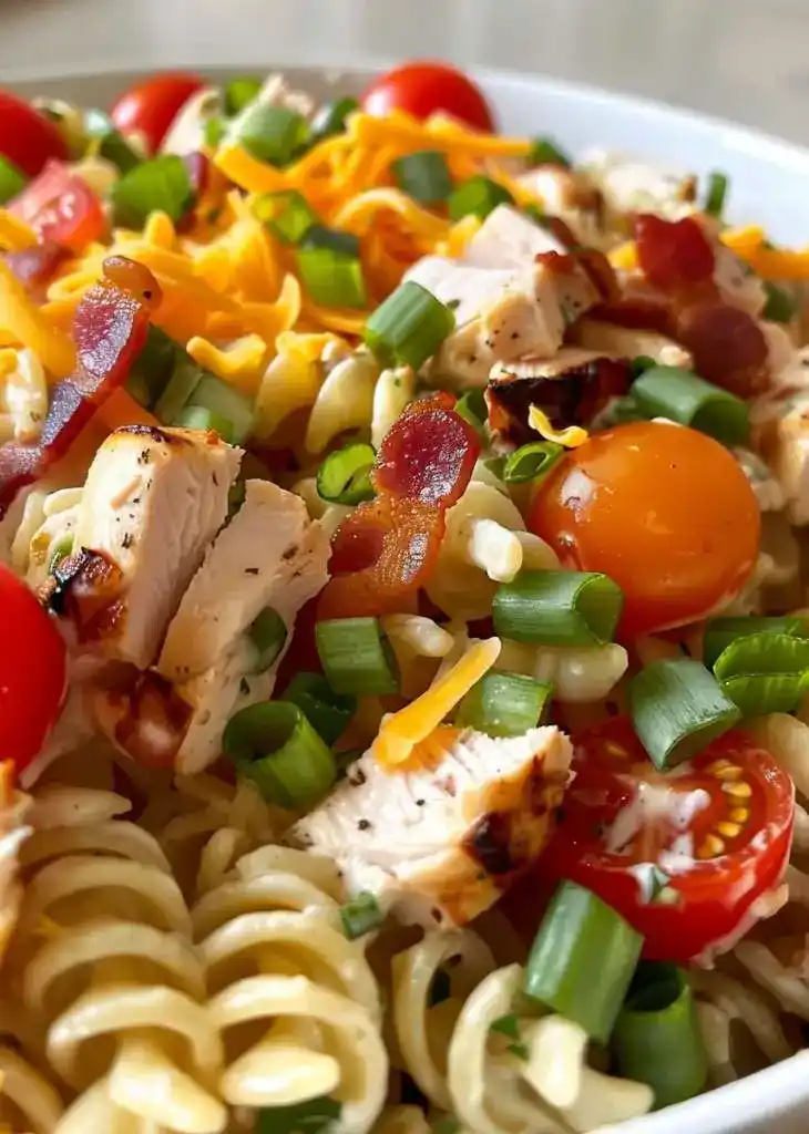 Close-up of Chicken Bacon Ranch Pasta Salad with cherry tomatoes, grilled chicken, cheddar, and green onions in a white bowl.