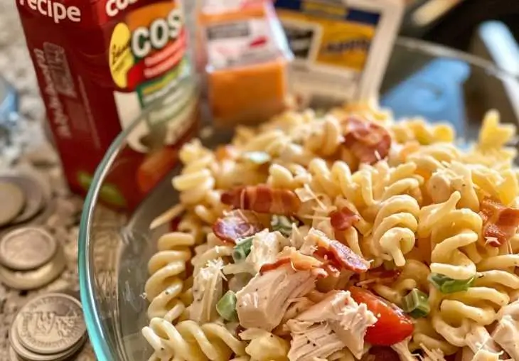 Close-up of Chicken Bacon Ranch Pasta Salad with coins and ingredient packs on the counter, representing recipe cost and budget meal ideas.