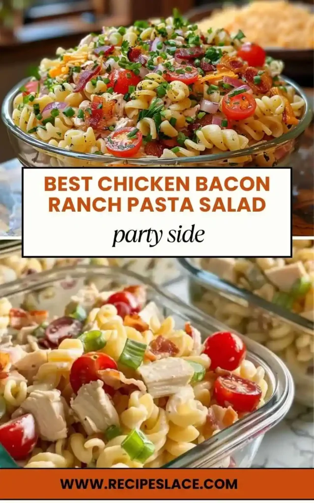 Close-up of creamy Chicken Bacon Ranch Pasta Salad in a glass bowl with bacon, cherry tomatoes, green onions, and rotini pasta — perfect for parties, picnics, or meal prep.