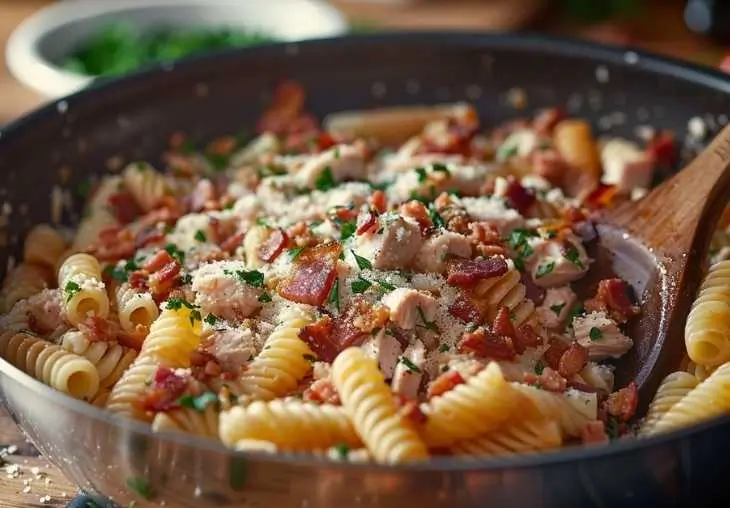 chicken bacon ranch pasta salad step 3 combine chicken and bacon.webp