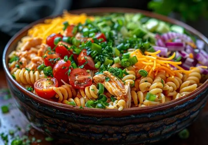 Close-up of Chicken Bacon Ranch Pasta Salad with cherry tomatoes, shredded cheddar cheese, red onion, and green onion in a rustic bowl.