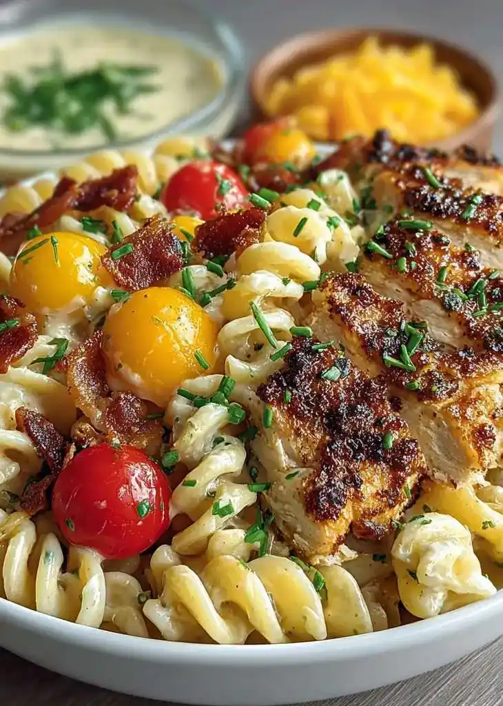 Bowl of Chicken Bacon Ranch Pasta Salad with grilled chicken, bacon, cherry tomatoes, and creamy ranch dressing.