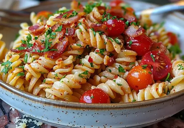 Chicken bacon ranch pasta salad with rotini pasta, crispy bacon, cherry tomatoes, and fresh parsley in a ceramic bowl.