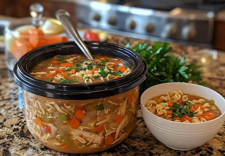 Homemade chicken noodle soup in a crock pot with shredded chicken, carrots, celery, onions, and egg noodles, served with fresh parsley garnish.