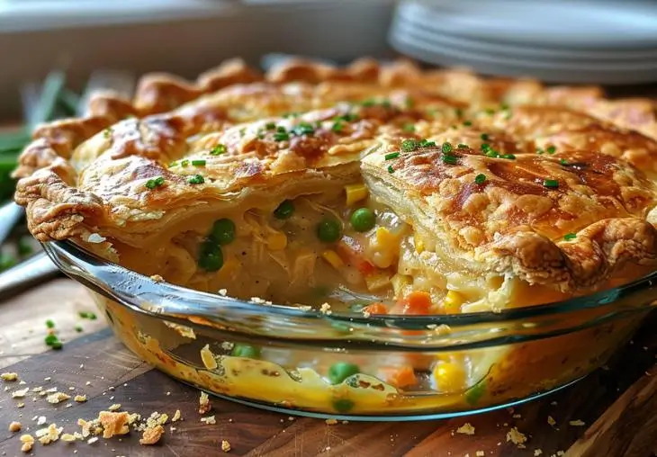 Homemade chicken pot pie with cream of chicken soup filling, golden flaky crust, and vegetables like peas, corn, and carrots in a glass pie dish.