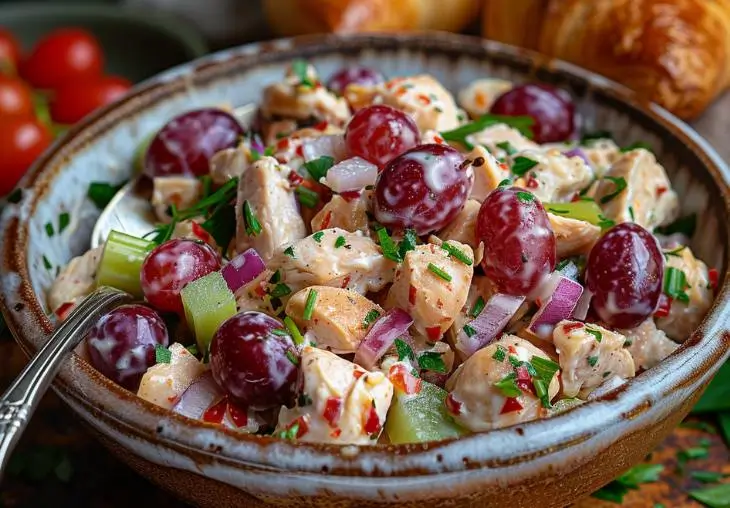 Bowl of chicken salad with grapes, celery, and creamy dressing, garnished with fresh parsley.