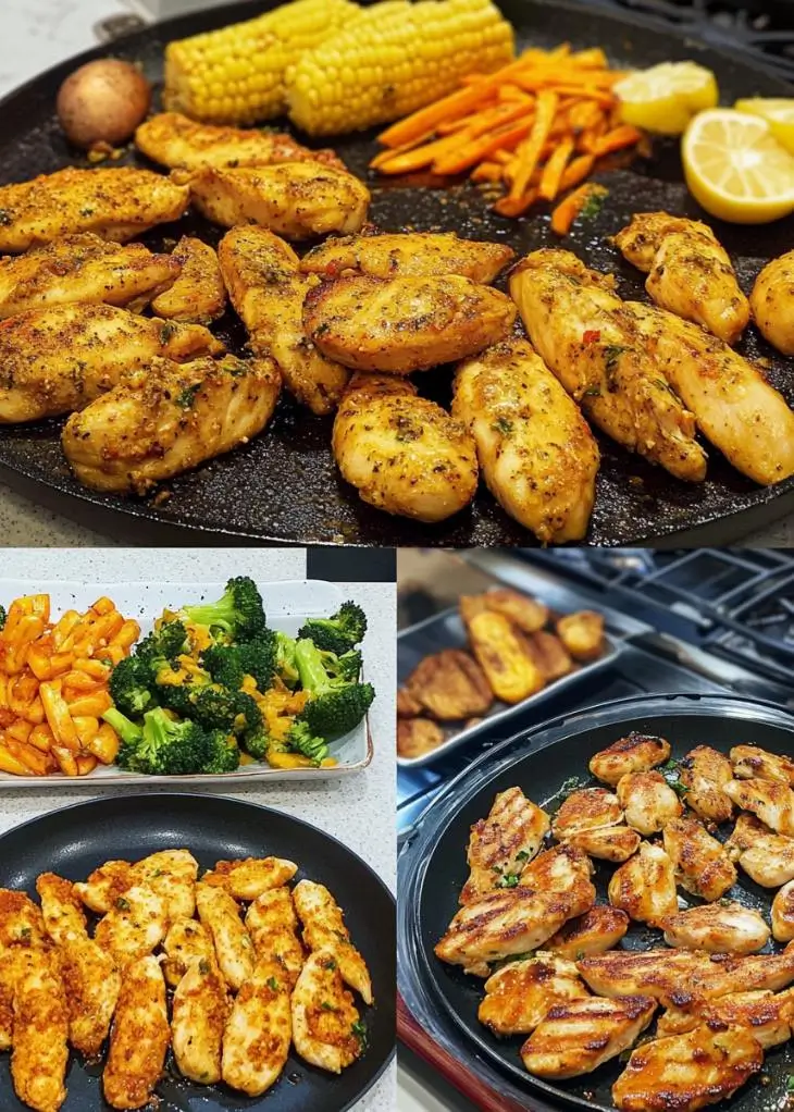 RecipesLace chicken tender dinner ideas with grilled tenders, pan-fried chicken, broccoli, fries, carrots, and corn on a rustic table.