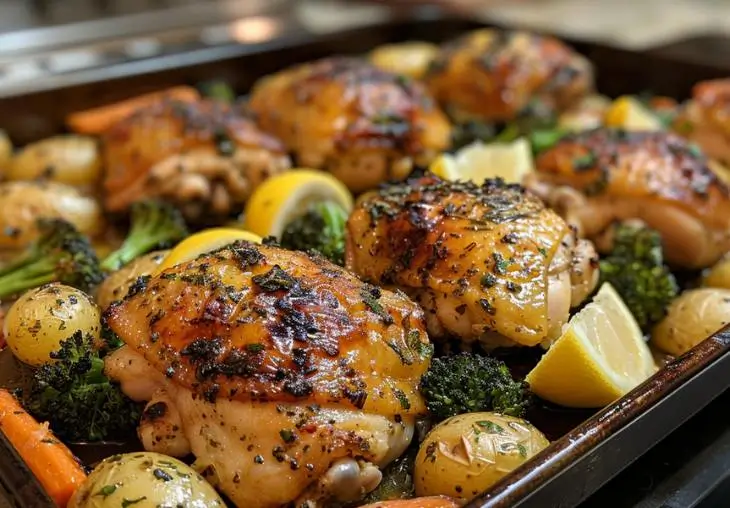 Chicken thigh sheet pan dinner with roasted chicken thighs, potatoes, carrots, broccoli, and lemon wedges on a baking tray.