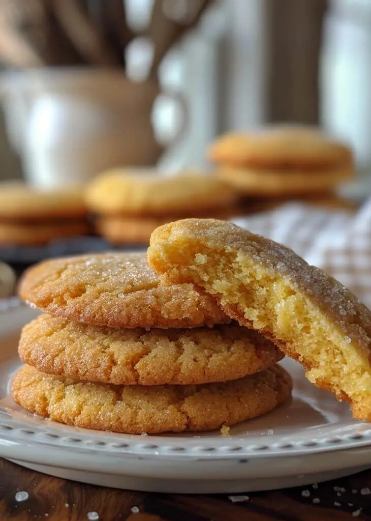 Stack of classic 3 ingredient sugar cookies on a plate, one broken cookie showing soft inside texture