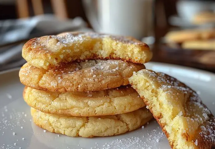 Stack of 3 ingredient sugar cookies dusted with sugar, soft and golden with one broken cookie showing chewy inside