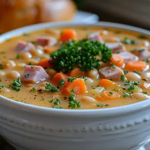Creamy ham and bean soup served in a white bowl with carrots, beans, and fresh parsley garnish.