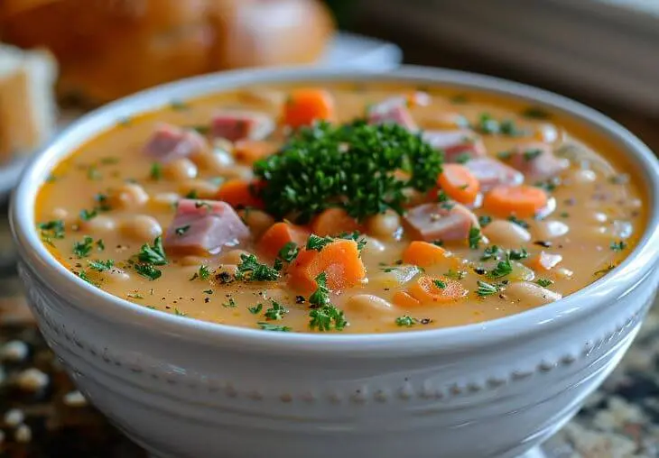 Creamy ham and bean soup served in a white bowl with carrots, beans, and fresh parsley garnish.