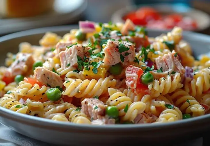 Close-up creamy tuna pasta salad with rotini pasta, tuna, peas, onions, and peppers.