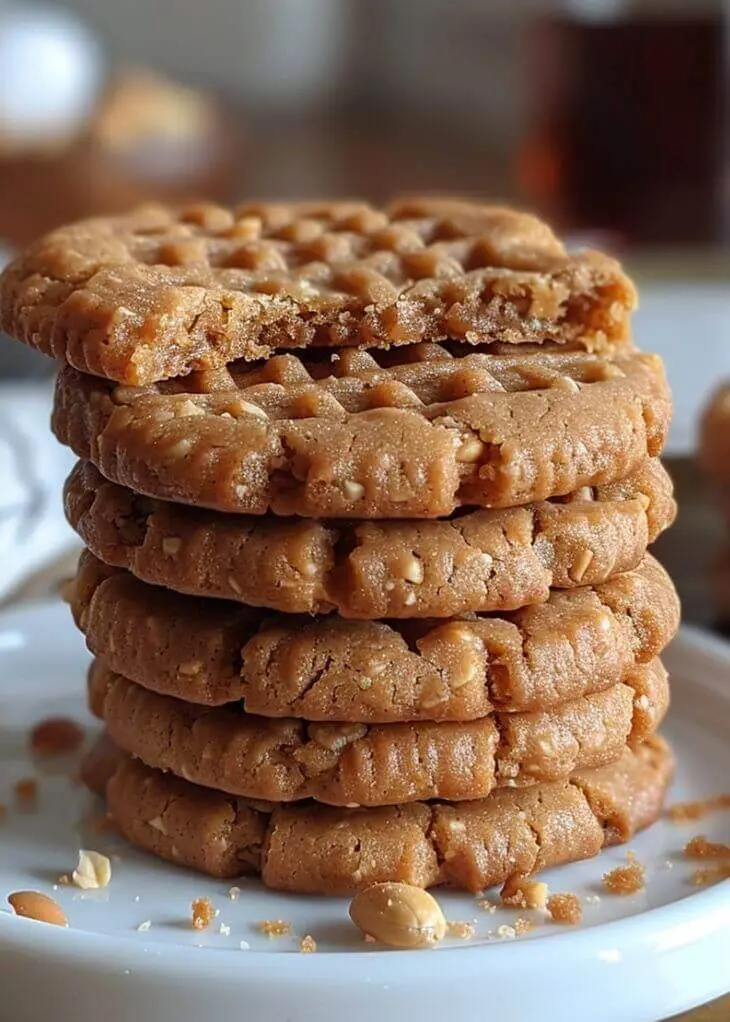 A tall stack of easy peanut butter cookies without eggs showing a crunchy, golden texture with bits of peanuts on a white plate.