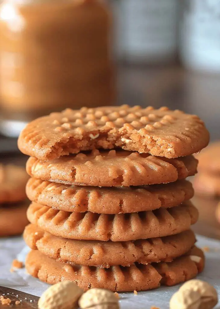 A tall stack of easy peanut butter cookies without eggs with a bite taken from the top cookie, showing their soft, golden texture.