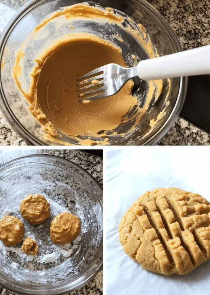 Mixing peanut butter cookie dough in a glass bowl, shaping dough balls, and pressing a crisscross pattern for easy peanut butter cookies without eggs.
