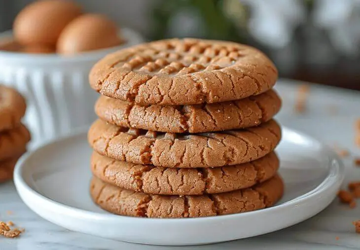 A stack of easy peanut butter cookies without eggs on a white plate, golden brown with a crisscross pattern, ready to serve.