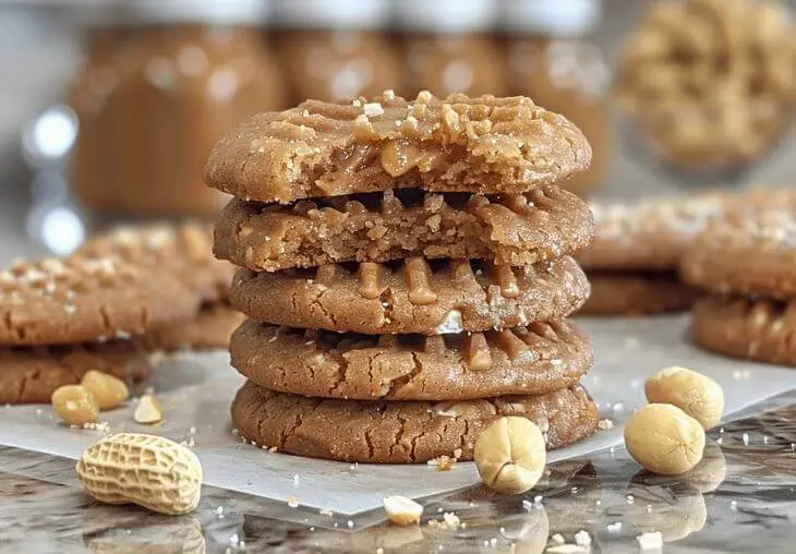 A stack of easy peanut butter cookies without eggs with a soft, chewy center and crunchy edges, surrounded by peanuts on a marble surface.
