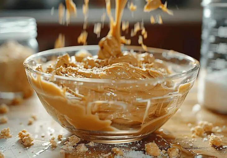 Creamy peanut butter being mixed with sugar in a glass bowl for step 1 of making easy peanut butter cookies without eggs.
