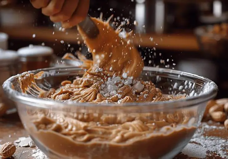 Flour being mixed into creamy peanut butter dough in a glass bowl for step 2 of making easy peanut butter cookies without eggs.