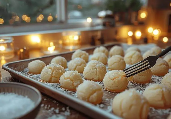 A fork pressing a crisscross pattern into peanut butter cookie dough balls on a baking tray for step 4 of easy peanut butter cookies without eggs.