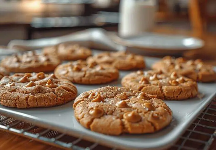 Freshly baked easy peanut butter cookies without eggs cooling on a tray, golden brown with soft centers and peanut pieces on top.