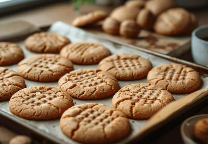 Freshly baked easy peanut butter cookies without eggs cooling on a parchment-lined tray, showing a classic crisscross pattern and golden cracks.