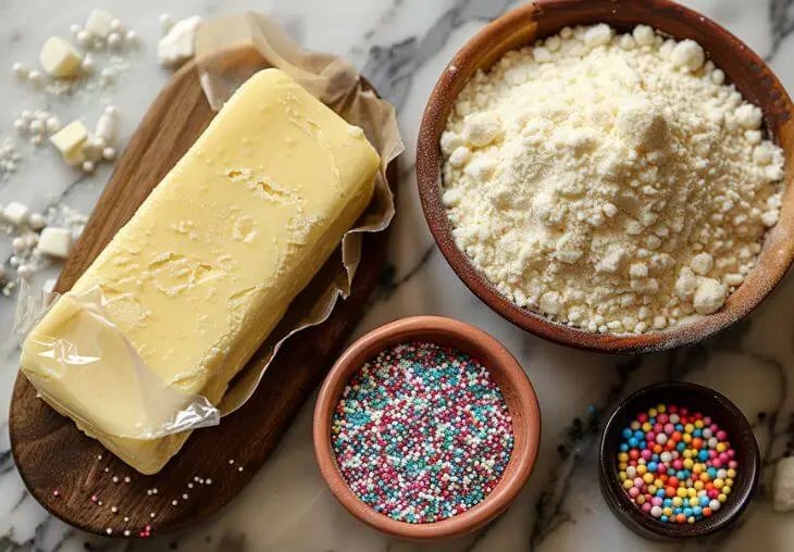 Butter, flour, sugar, and colorful sprinkles arranged on a marble counter for 3 ingredient sugar cookies