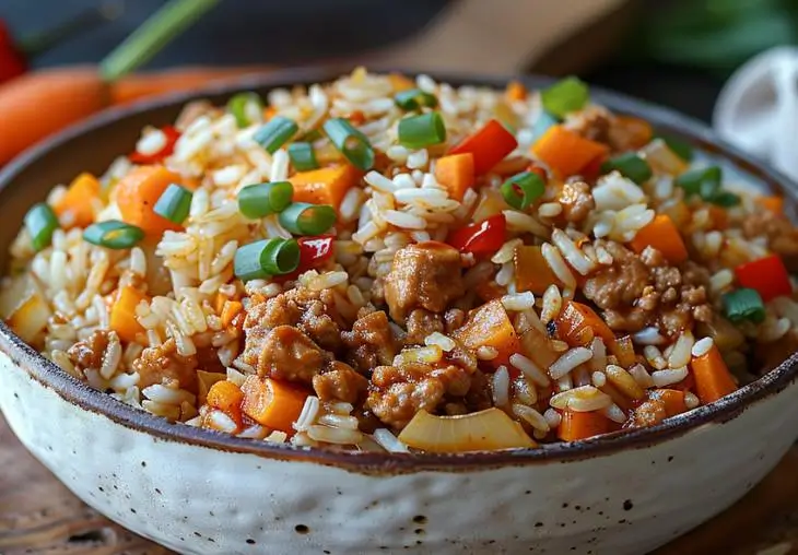 Ground chicken and rice recipes with carrots, bell peppers, onions, and scallions in a rustic bowl on a wooden board.