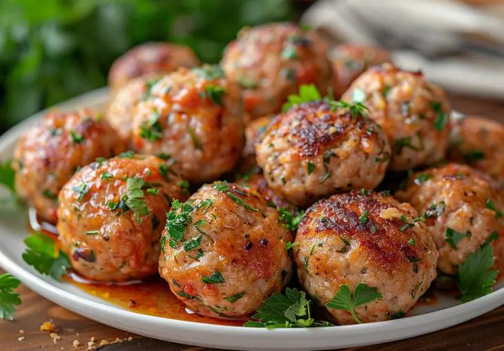 Ground chicken meatballs recipe with golden-brown meatballs garnished with parsley on a white plate.