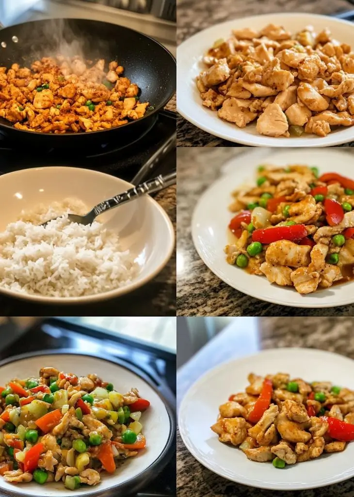 Homemade ground chicken recipes with rice, peas, carrots, and peppers served in bowls step by step.