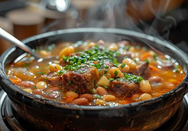 Steaming pot of ham and bean soup with chopped ham, beans, and herbs simmering together.