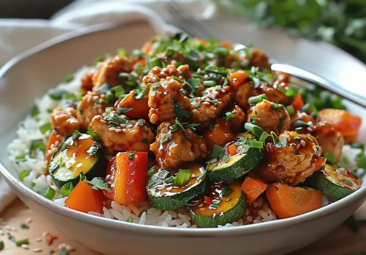 Healthy ground chicken recipes with rice, zucchini, carrots, and bell peppers in a homemade dinner bowl.